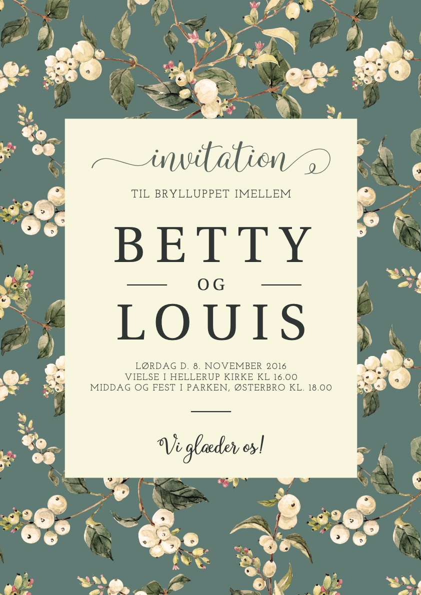 
                Betty & Louis er et af vores populære design indenfor bryllupsinvitationer såvel som andre af livets store fester. De smukke illustrationer af snebær gør den meget aktuelt som en invitation til enten et efterårsbryllup eller et julebryllup. Ligesom de grønne farver passer perfekt til et rustikt bohemebryllup. Brug bagsiden af invitationen til flere praktiske oplysninger eller et program over bryllupsfesten. Til designet kommer også matchende elementer i form af velkomstskilt, bordoversigt, menukort, bordkort, drinkskort, takkekort mm. således I kan skabe en rød tråd for dagen.                